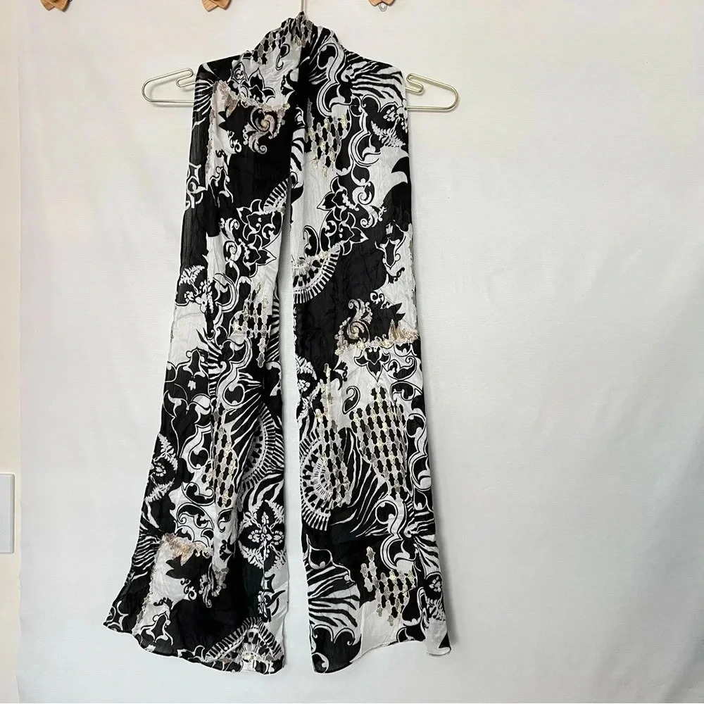 Chico's Oblong Scarf Geometric Print Black White Gold Colors 71" X 13" Soft